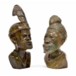 Two carved stone figural bust sculptures of African tribal gentleman, possibly of the Shona tribe,