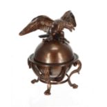 French antique bronze ink stand, modelled as a globe surmounted by an eagle with outstretched wings,
