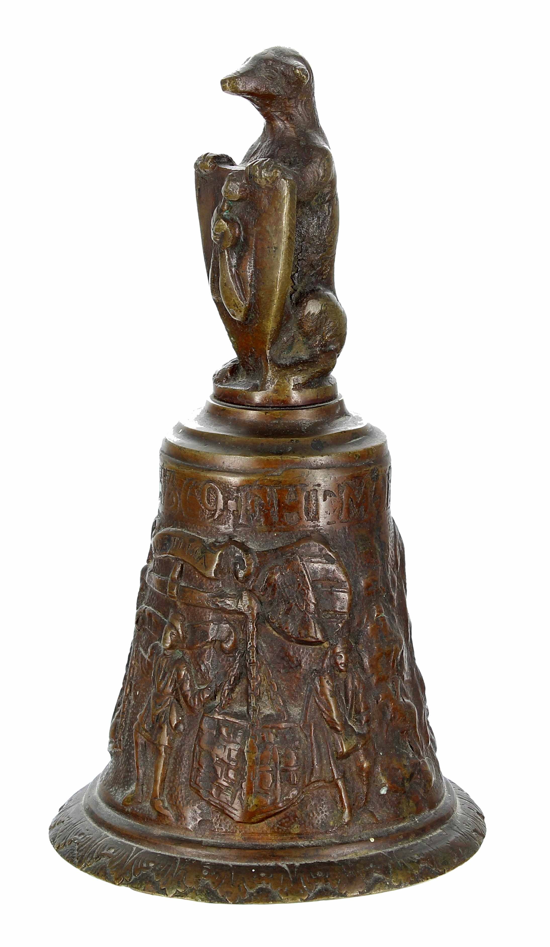 Antique style cast bronze table bell, cast with a figural scene under the text banner 'F.HEMONY-ME-