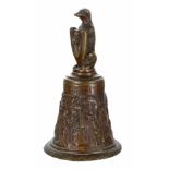Antique style cast bronze table bell, cast with a figural scene under the text banner 'F.HEMONY-ME-