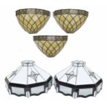 Two similar decorative octagonal facet stained and milk glass ceiling light shades, 19" diameter;