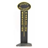 Cast iron 'Berkshire/Hampshire County Boundary' line post, painted black with yellow text, 49" high