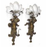 Good pair of French ormolu cherub wall light fittings signed Lerolle Freres, Paris, with glass