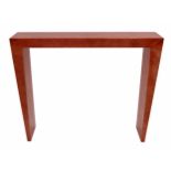 Modern 'Goatskin' effect lacquered console table, red, with tapering legs, 45" wide, 9" deep, 36"