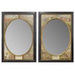Pair of decorative wall mirrors, each with an oval glass within a divided frame panelled with colou