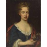 English School (18th century) - Portrait of a lady half length wearing a blue dress, red shawl and
