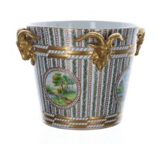 Attractive Dresden Potschappel porcelain ice pail, with applied gilt rams heads to the top, over