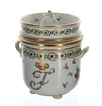 Dresden Potschappel porcelain caviar cooler with ice liner and cover, with floral spray decoration
