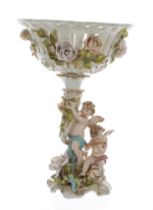 Late 19th century German Plaue porcelain basket comport centrepiece, the pierced bowl encrusted with