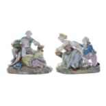 Pair of Meissen style porcelain figural groups, of courting couples, each bearing an underglaze blue