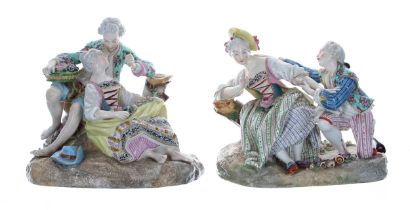 Pair of Meissen style porcelain figural groups, of courting couples, each bearing an underglaze blue