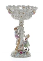 German Plaue porcelain comport centrepiece, the moulded bowl with branches highlighted with gilt and
