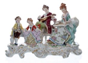 Large Sitzendorf porcelain figural group interior scene, with a lady seated playing a zither, a