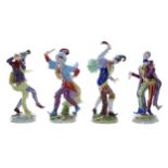 Set of four Volkstedt Commedia dell'Arte porcelain figures figures, bearing blue factory stamps