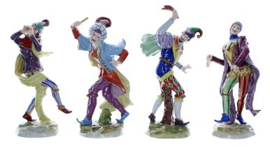 Set of four Volkstedt Commedia dell'Arte porcelain figures figures, bearing blue factory stamps