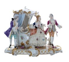 Unterweissbach porcelain figural group of a lady emerging from a sedan chair, with two courtiers