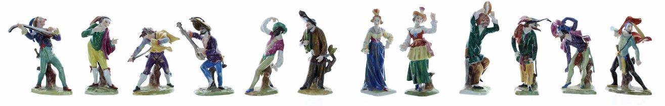 Set of twelve Volkstedt Commedia dell 'Arte porcelain character figures, bearing blue factory stamps