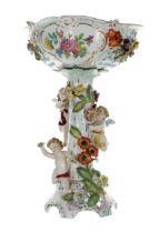 Large Dresden Potschappel porcelain pedestal centrepiece, the pierced bowl with painted encrusted