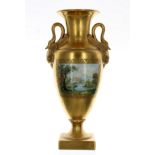 Attractive Dresden Potschappel gilded porcelain twin-handled vase, with two painted landscape panels