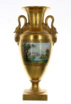 Attractive Dresden Potschappel gilded porcelain twin-handled vase, with two painted landscape panels