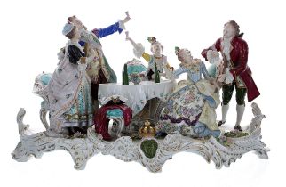 Large Sitzendorf porcelain figural group interior scene, with three ladies and two gentlemen raising