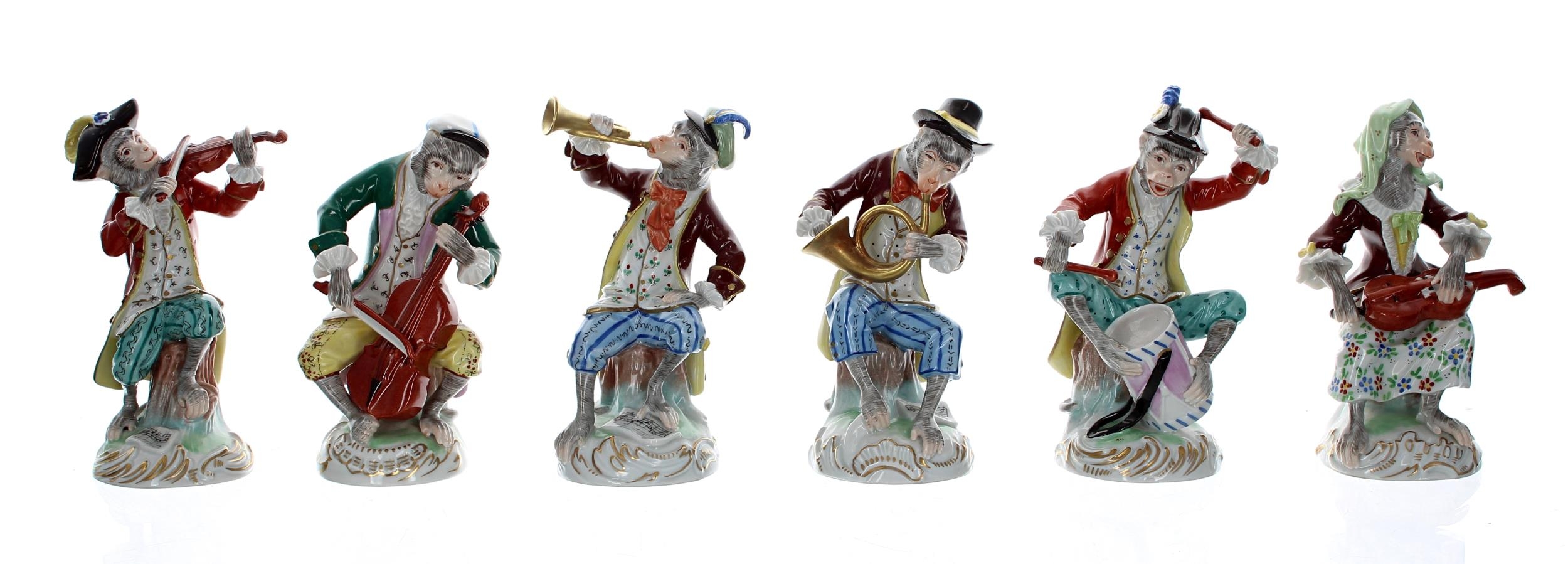 Good set of twelve Dresden Potschappel porcelain monkey band figures, bearing 'SP Dresden' blue - Image 3 of 4