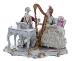 Unterweissbach porcelain figural group interior scene, a lady playing a harp and a gentleman at a