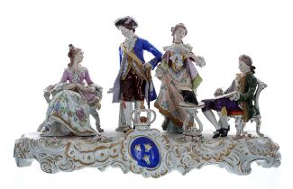 Large Sitzendorf porcelain figural group interior scene, with an artist, another lady seated on a