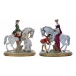 Good pair of large Sitzendorf porcelain equestrian figural groups, a man in a green frock coat