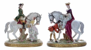 Good pair of large Sitzendorf porcelain equestrian figural groups, a man in a green frock coat