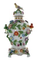 Good Dresden Potschappel porcelain vase and cover on stand, the cover with a parrot figural finial