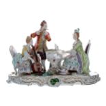 Large Sitzendorf porcelain figural group interior scene, with a lady playing a 'cello, a gentleman
