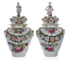 Good pair of Dresden porcelain vases with covers, the covers with figural finials of a gentleman