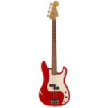 Squier by Fender Bullet Bass guitar, made in Korea, circa 1988; Body: red finish, large finish crack