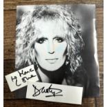Dusty Springfield - early 90s black and white photograph with a card signed 'To Mark, Love Dusty' in