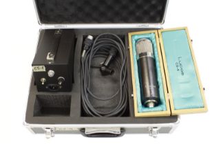 Lucas CS-4 tube condenser microphone, within wooden box and outer flight case, with power supply and