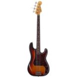1982 Squier by Fender JV Precision Bass guitar, made in Japan; Body: three-tone sunburst finish, a