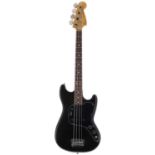 1980 Fender Musicmaster bass guitar, made in USA; Body: black finish, scratches and blemishes,