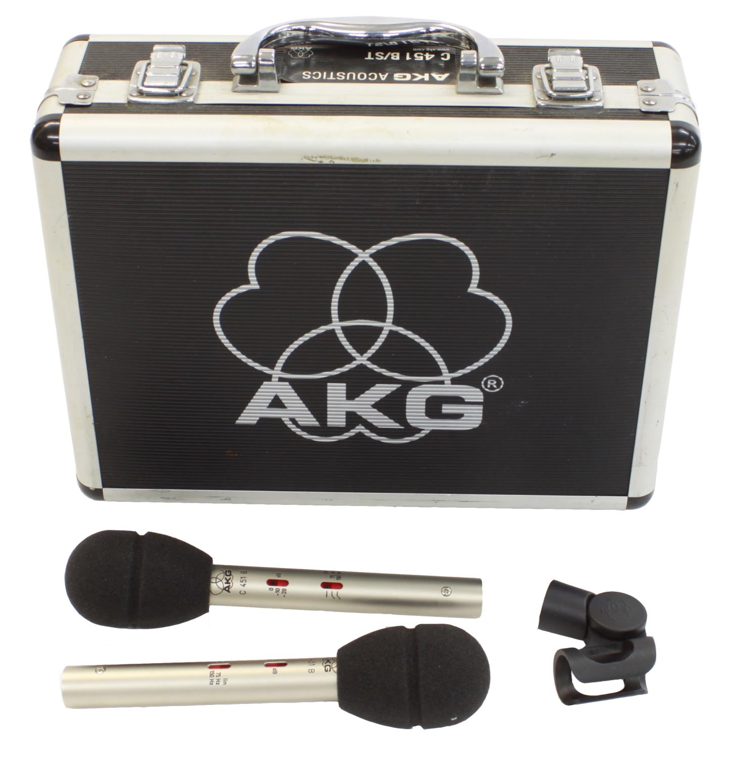 Pair of AKG C451B pencil condenser microphones, within a flight case with papers *Please note: