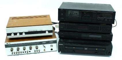 Leak Delta 75 receiver; together with a Wharfedale Linton hifi selector, a Sony RCD-W100 compact