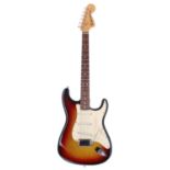 1973 Fender Stratocaster electric guitar, made in USA; Body: three-tone sunburst finish, light