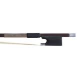 Good silver mounted violin bow, unstamped, the stick round, the ebony frog plain and with a silver