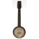 Small banjo mandolin, with 5" skin and mother of pear dot markers to the fretboard, bearing the