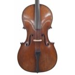 Good 19th century German violoncello, unlabelled, the two piece back of medium curl with similar