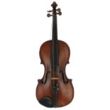 Late 19th century German violin, 14 1/16", 35.70cm, bow, case