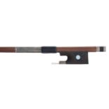 Silver mounted violin bow stamped F.Bernard, the stick round, the ebony frog inlaid with pearl