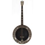 Paramount Leader W. M. L. Lange tenor banjo, bearing the maker's plaque screwed to the inside pot