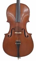 German violoncello circa 1890, unlabelled, the two piece back of faint medium curl with similar wood