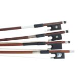 Three three-quarter size nickel mounted violin bows stamped Max Jorge, two stamped Werner and