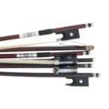 Four nickel mounted violin bows and two bow sticks (6)